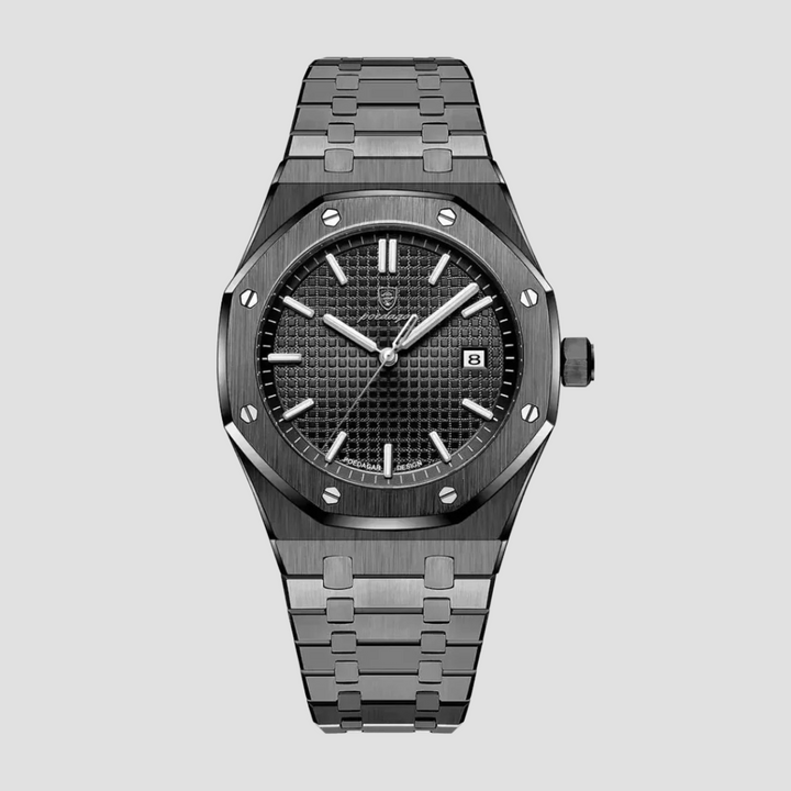 Klasyczny męski zegarek ze stali nierdzewnej, zintegrowana bransoleta, szafirowe szkło, 41 mm koperta.
