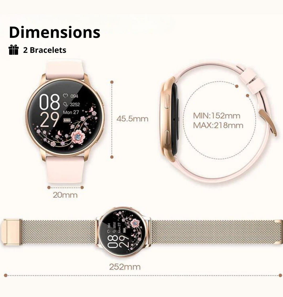 Elegancki smartwatch damski ze srebrnym lub złotym wykończeniem, z dotykowym ekranem i regulowanym paskiem, idealny do każdej stylizacji.