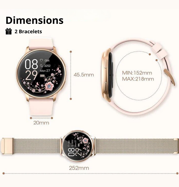Elegancki smartwatch damski ze srebrnym lub złotym wykończeniem, z dotykowym ekranem i regulowanym paskiem, idealny do każdej stylizacji.