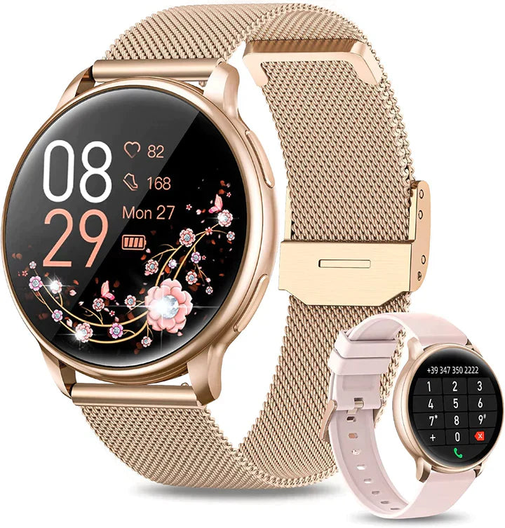 Elegancki smartwatch damski ze srebrnym lub złotym wykończeniem, z dotykowym ekranem i regulowanym paskiem, idealny do każdej stylizacji.