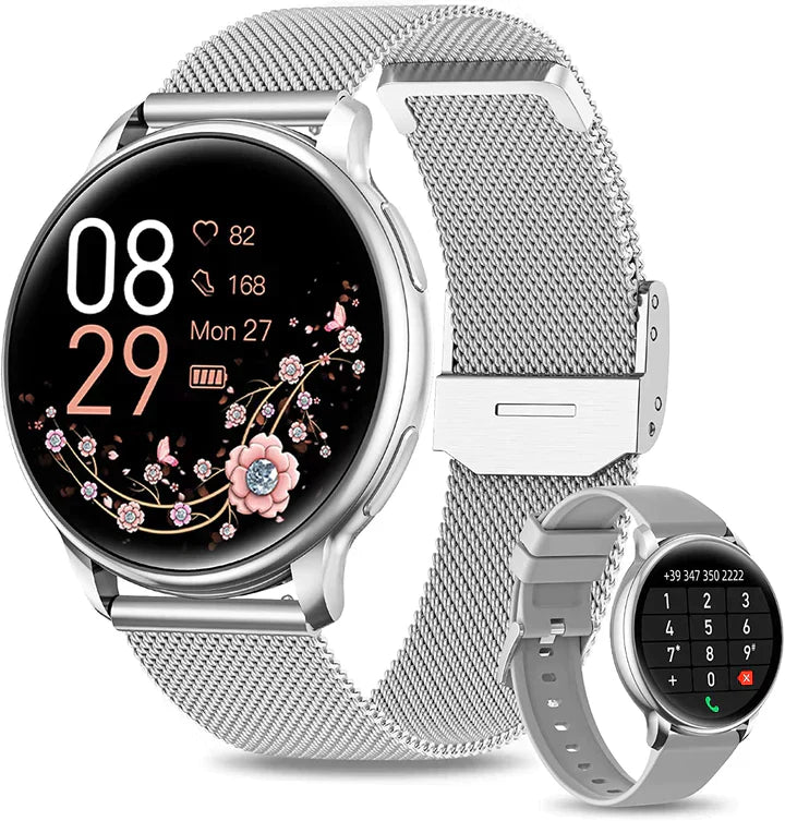 Elegancki smartwatch damski ze srebrnym lub złotym wykończeniem, z dotykowym ekranem i regulowanym paskiem, idealny do każdej stylizacji.