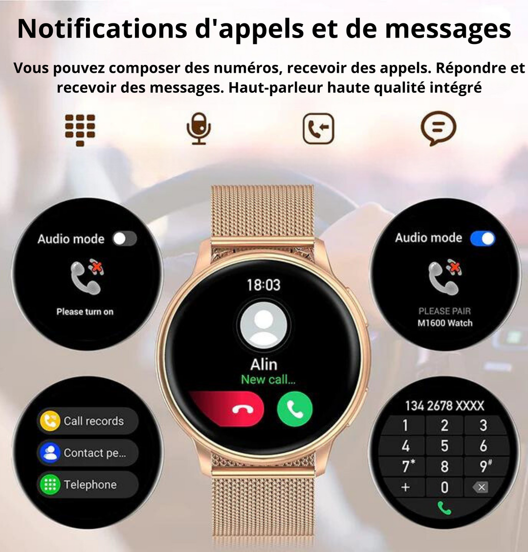 Elegancki smartwatch damski ze srebrnym lub złotym wykończeniem, z dotykowym ekranem i regulowanym paskiem, idealny do każdej stylizacji.