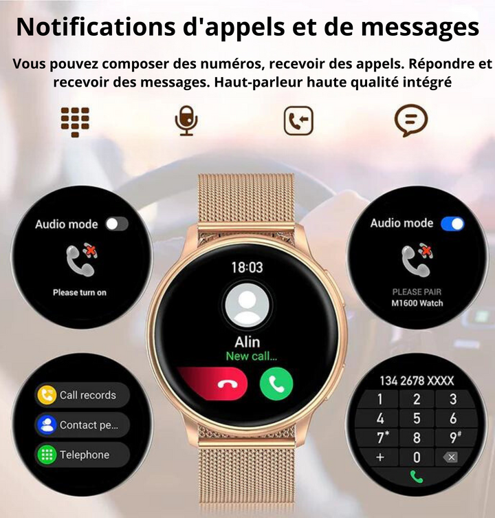 Elegancki smartwatch damski ze srebrnym lub złotym wykończeniem, z dotykowym ekranem i regulowanym paskiem, idealny do każdej stylizacji.