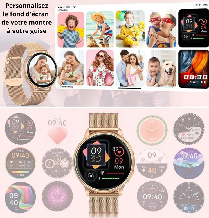 Elegancki smartwatch damski ze srebrnym lub złotym wykończeniem, z dotykowym ekranem i regulowanym paskiem, idealny do każdej stylizacji.