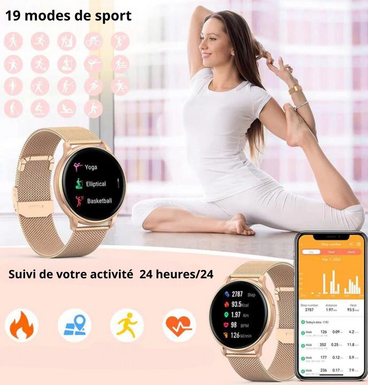 Elegancki smartwatch damski ze srebrnym lub złotym wykończeniem, z dotykowym ekranem i regulowanym paskiem, idealny do każdej stylizacji.