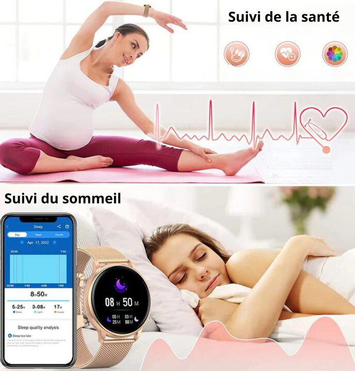 Elegancki smartwatch damski ze srebrnym lub złotym wykończeniem, z dotykowym ekranem i regulowanym paskiem, idealny do każdej stylizacji.