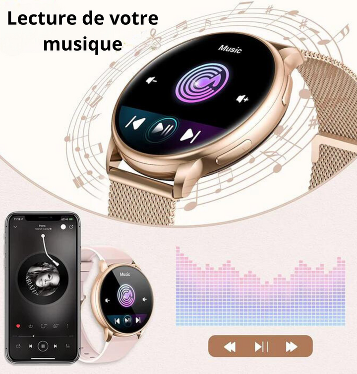 Elegancki smartwatch damski ze srebrnym lub złotym wykończeniem, z dotykowym ekranem i regulowanym paskiem, idealny do każdej stylizacji.