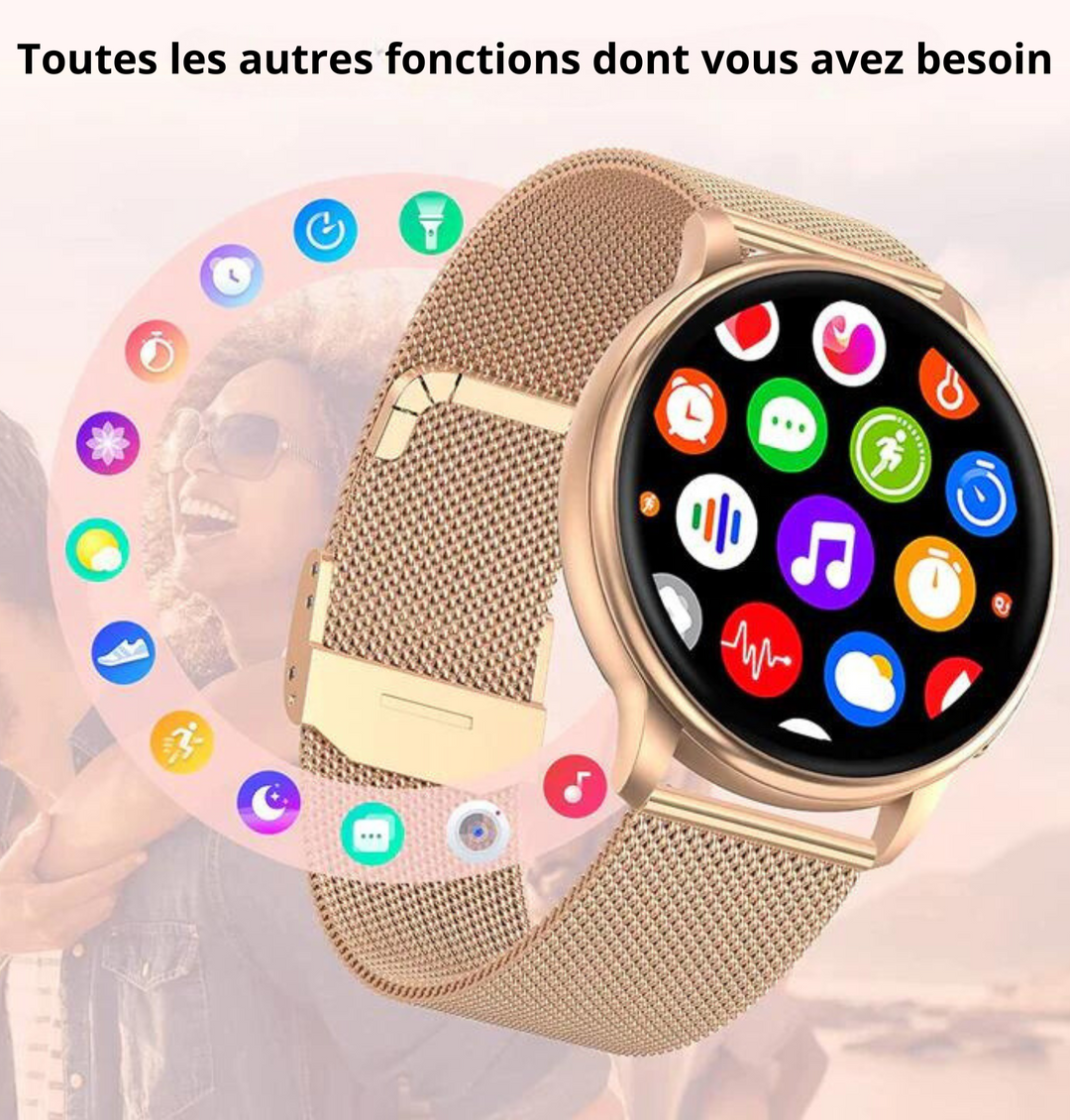 Elegancki smartwatch damski ze srebrnym lub złotym wykończeniem, z dotykowym ekranem i regulowanym paskiem, idealny do każdej stylizacji.