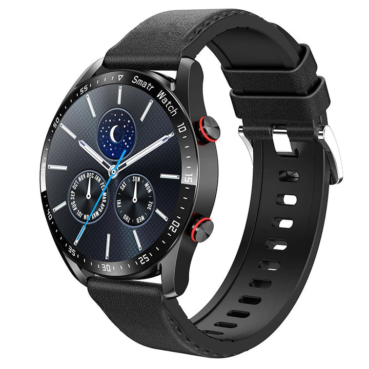 Elegancki czarny skórzany smartwatch, nowoczesny design, monitorowanie zdrowia i poziomu glukozy.