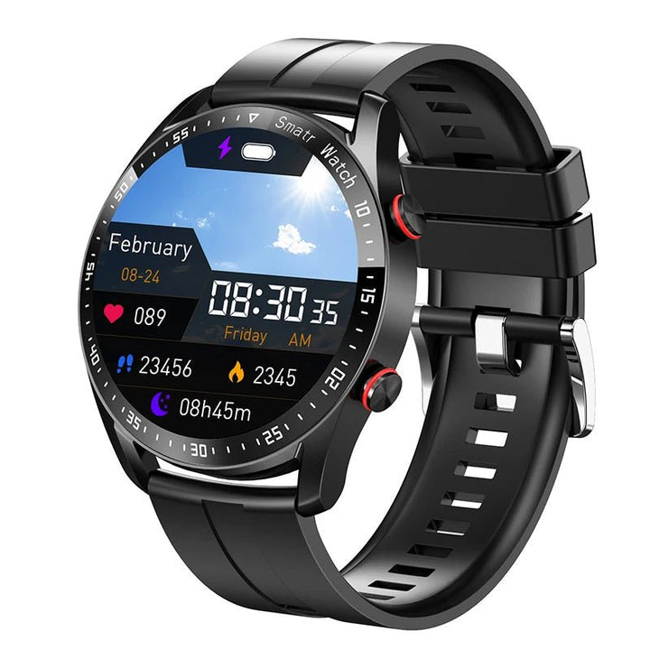 Elegancki czarny skórzany smartwatch, nowoczesny design, monitorowanie zdrowia i poziomu glukozy.