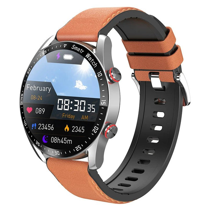 Elegancki czarny skórzany smartwatch, nowoczesny design, monitorowanie zdrowia i poziomu glukozy.