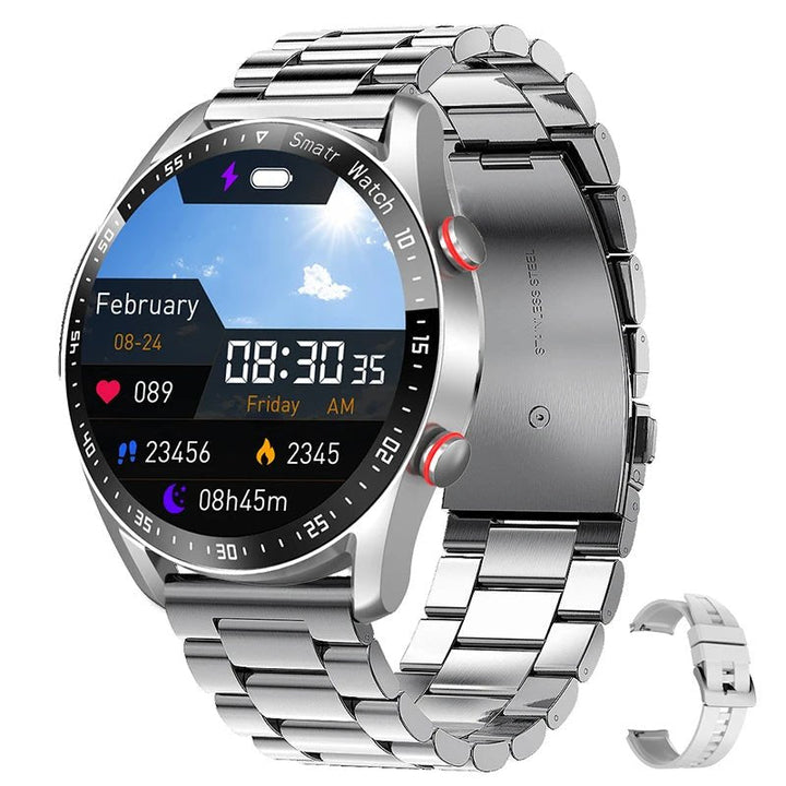 Elegancki czarny skórzany smartwatch, nowoczesny design, monitorowanie zdrowia i poziomu glukozy.