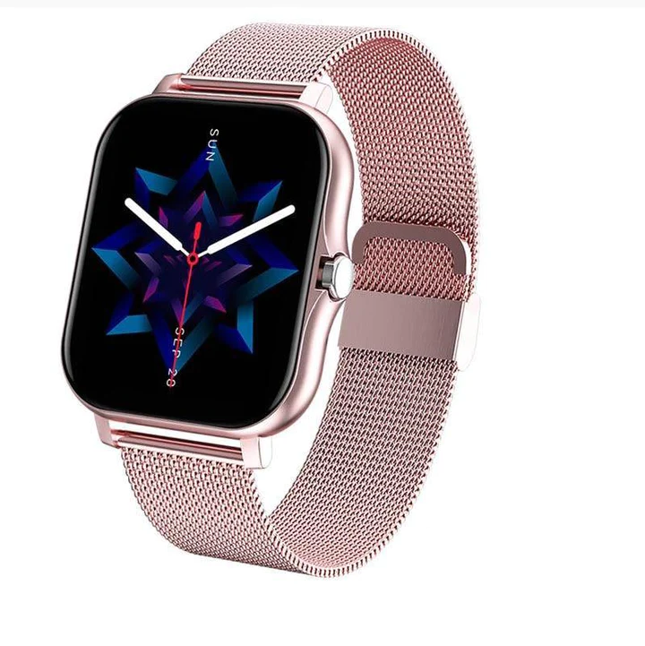 Elegancki damski smartwatch, luksusowy design, w kolorze różowym, z pełnym ekranem dotykowym, nowoczesny i funkcjonalny dodatek