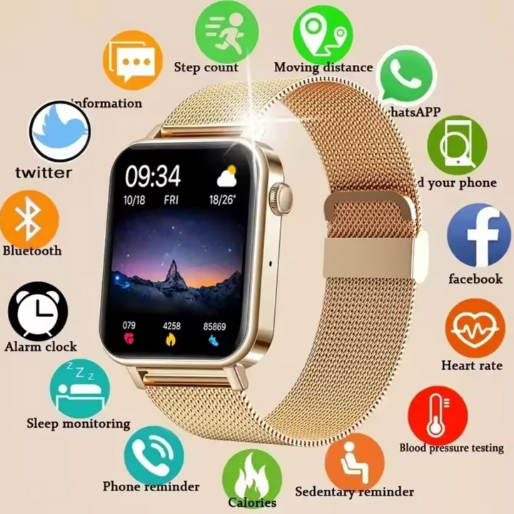 Elegancki smartwatch damski w kolorze złotym z cienką bransoletą i ekranem dotykowym, nowoczesny i wyrafinowany design.