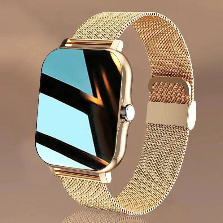Elegancki smartwatch damski w kolorze złotym z cienką bransoletą i ekranem dotykowym, nowoczesny i wyrafinowany design.