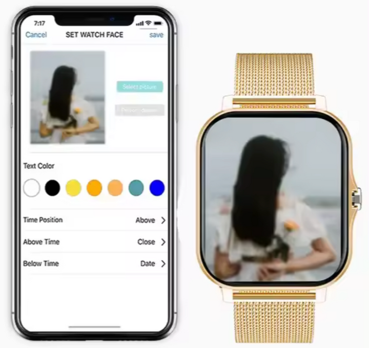 Elegancki smartwatch damski w kolorze złotym z cienką bransoletą i ekranem dotykowym, nowoczesny i wyrafinowany design.