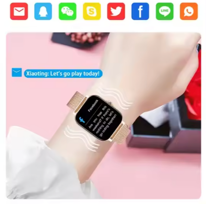 Elegancki smartwatch damski w kolorze złotym z cienką bransoletą i ekranem dotykowym, nowoczesny i wyrafinowany design.
