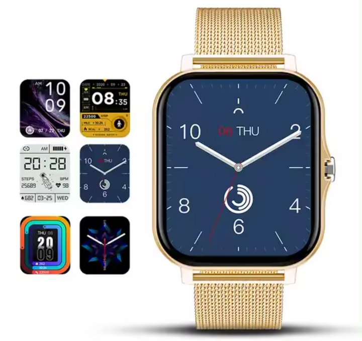 Elegancki smartwatch damski w kolorze złotym z cienką bransoletą i ekranem dotykowym, nowoczesny i wyrafinowany design.