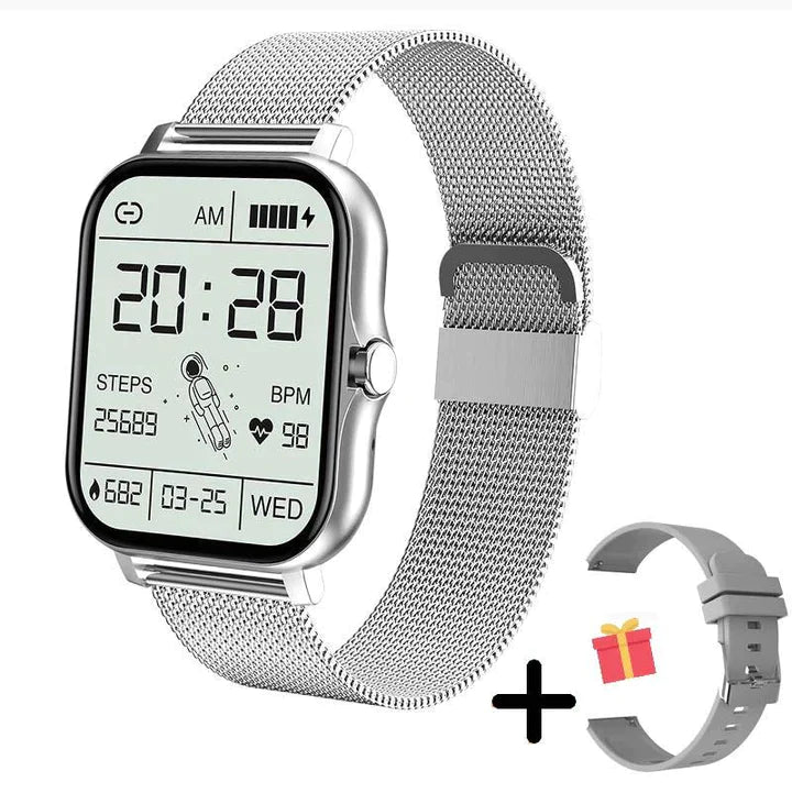 Elegancki smartwatch damski w kolorze złotym z cienką bransoletą i ekranem dotykowym, nowoczesny i wyrafinowany design.
