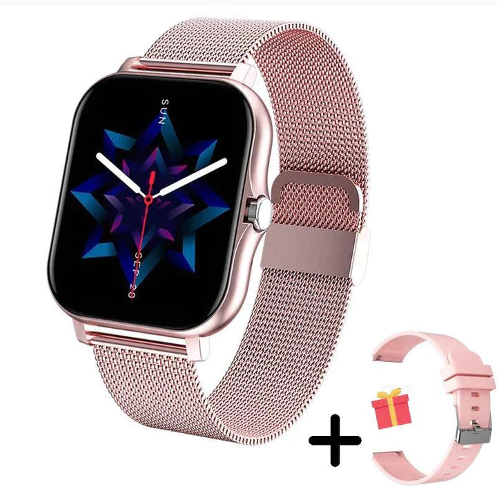 Elegancki smartwatch damski w kolorze złotym z cienką bransoletą i ekranem dotykowym, nowoczesny i wyrafinowany design.