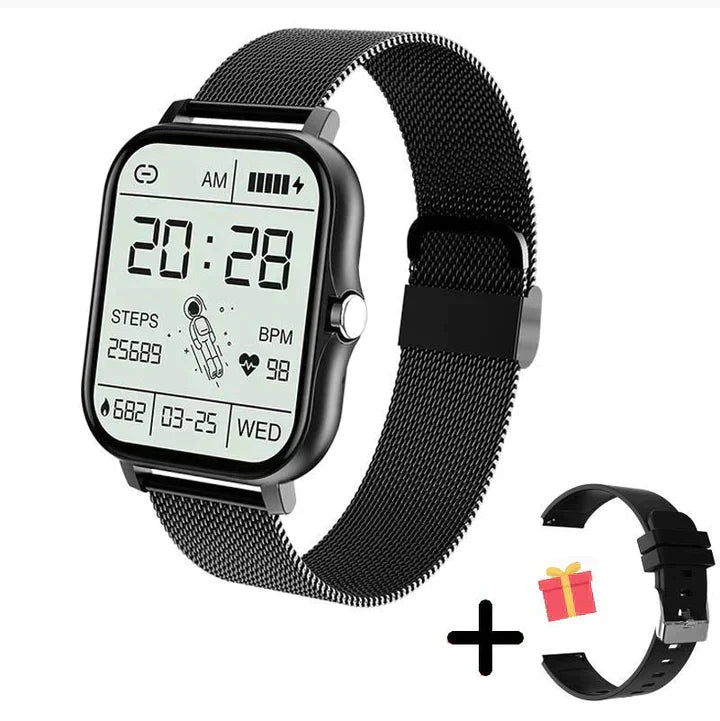 Czarny smartwatch, 1,83-calowy ekran dotykowy HD, rozmowy Bluetooth, monitorowanie zdrowia, nowoczesny i wodoodporny design.