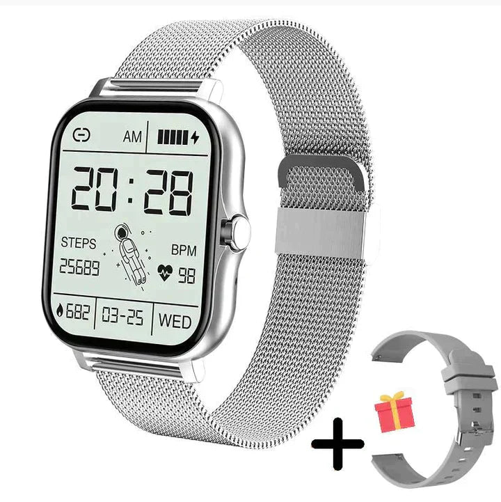 Czarny smartwatch, 1,83-calowy ekran dotykowy HD, rozmowy Bluetooth, monitorowanie zdrowia, nowoczesny i wodoodporny design.