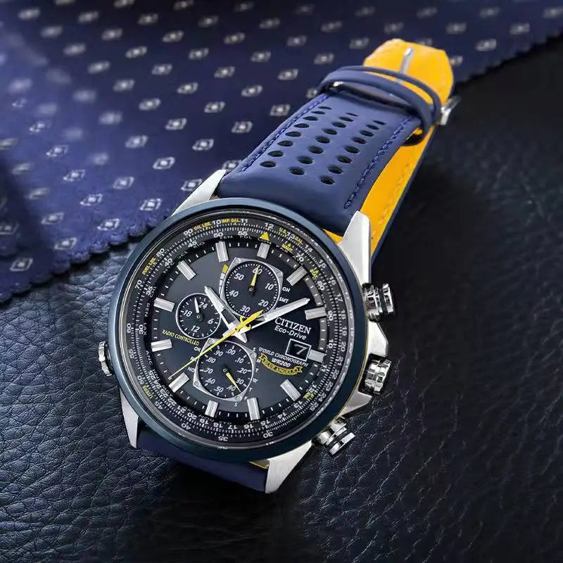 Luksusowy męski zegarek kwarcowy, nowoczesny design, okrągła tarcza, świecące wskazówki, elegancka bransoleta, precyzyjny mechanizm.