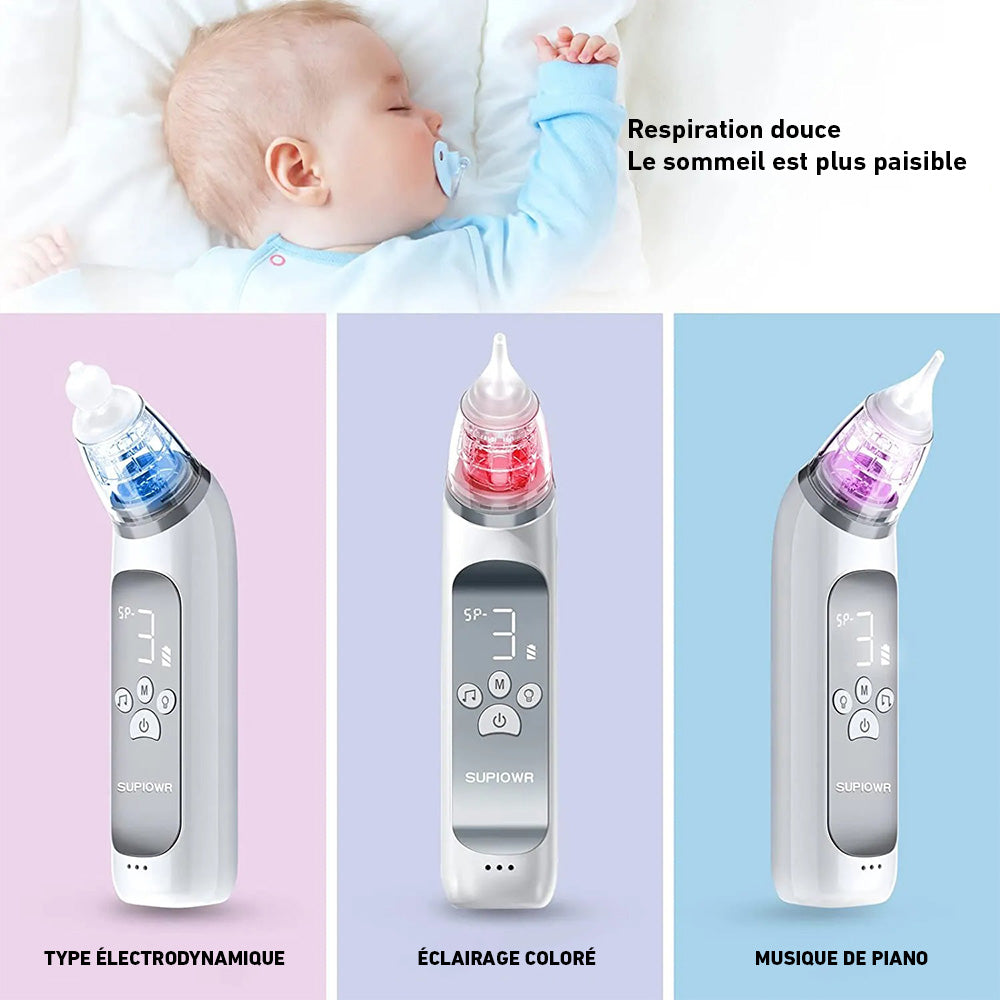 Elektryczny aspirator do nosa z silikonowymi końcówkami i ekranem LCD, ergonomiczny design, dla dzieci z zatkanym nosem.
