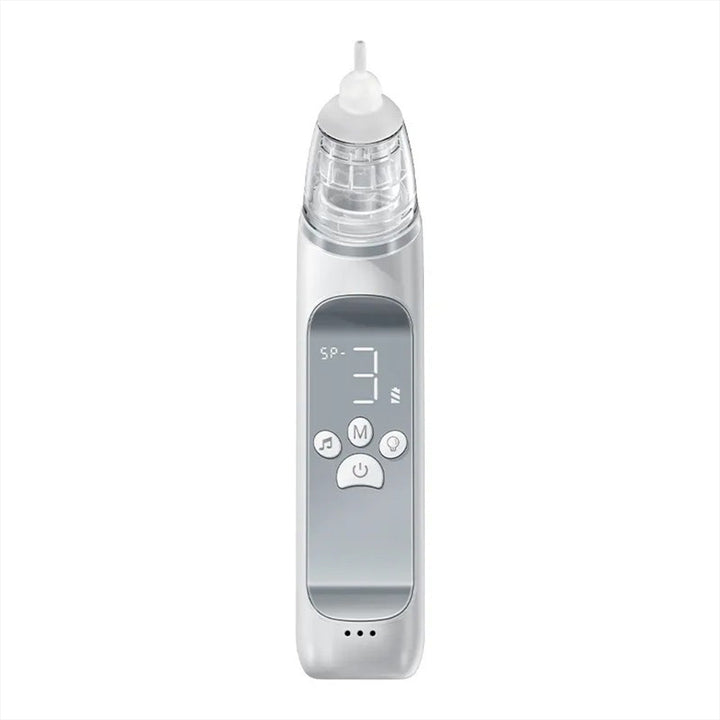 Elektryczny aspirator do nosa z silikonowymi końcówkami i ekranem LCD, ergonomiczny design, dla dzieci z zatkanym nosem.