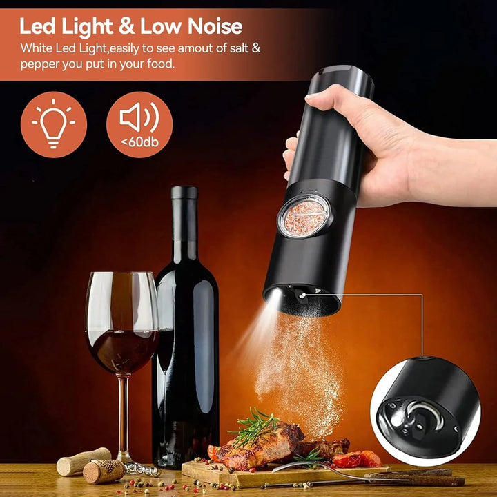 Elektryczny młynek do soli i pieprzu ze stali nierdzewnej, zintegrowane LED, nowoczesny design, ładowany przez USB, elegancki i funkcjonalny