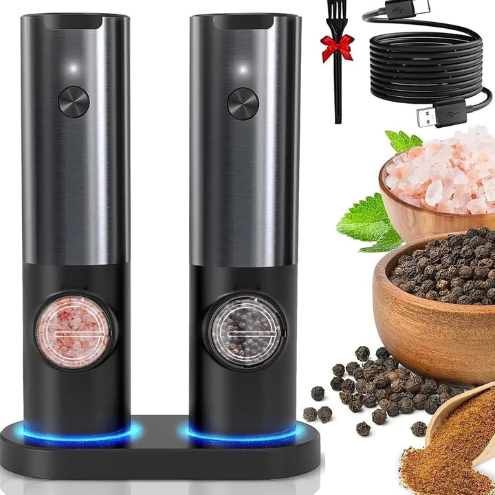 Elektryczny młynek do soli i pieprzu ze stali nierdzewnej, zintegrowane LED, nowoczesny design, ładowany przez USB, elegancki i funkcjonalny