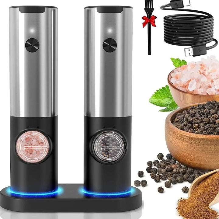 Elektryczny młynek do soli i pieprzu ze stali nierdzewnej, zintegrowane LED, nowoczesny design, ładowany przez USB, elegancki i funkcjonalny