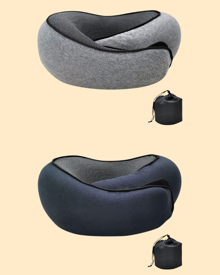 Ergonomiczna podróżna poduszka z pianki memory, w kształcie kości, z miękkiego niebieskiego materiału, idealna do podparcia szyi i głowy.