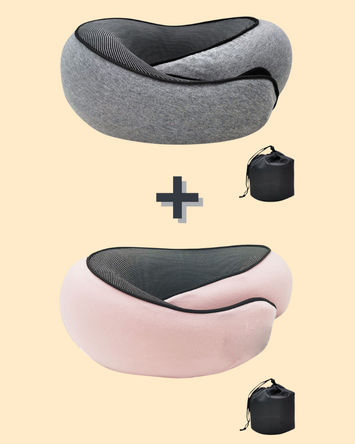 Ergonomiczna podróżna poduszka z pianki memory, w kształcie kości, z miękkiego niebieskiego materiału, idealna do podparcia szyi i głowy.