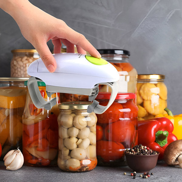 Ouvre-couvercle automatique ajustable, design compact, ouverture facile des bocaux de toutes tailles, sans effort.