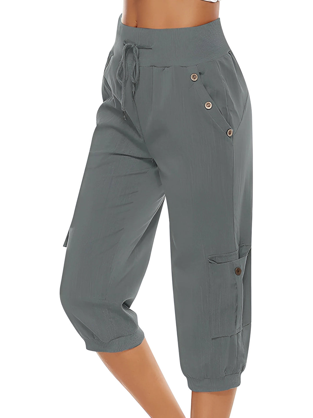 Damskie zielone spodnie capri – lekkie, oddychające, wygodne na lato, z elastycznym pasem.