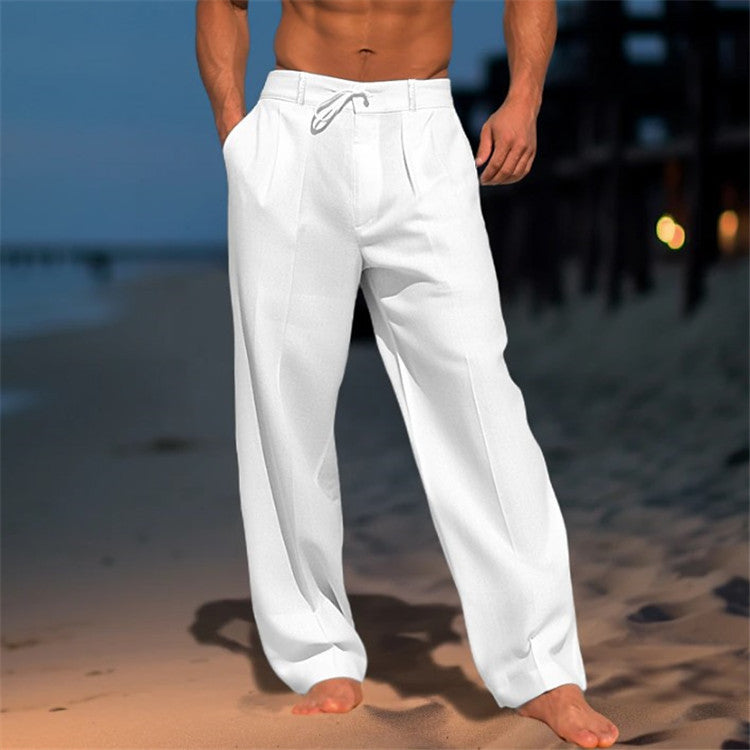 Lekkie lniane spodnie męskie, luźny krój, neutralny kolor, regulowany sznurek, idealne do casualowo-eleganckiego wyglądu.