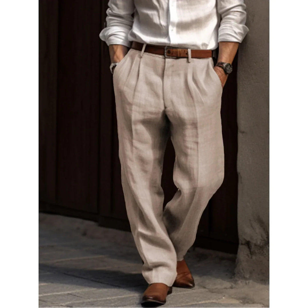 Męskie lniane spodnie, wygodne, luźny krój, lekkie, elegancki casualowy styl, idealne na każdą okazję.