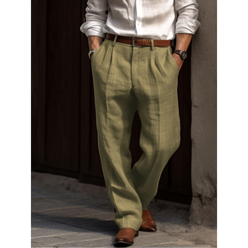 Męskie lniane spodnie, wygodne, luźny krój, lekkie, elegancki casualowy styl, idealne na każdą okazję.