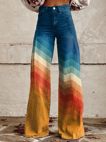 Damskie luźne spodnie vintage, szeroki krój z denimu z eleganckimi wzorami, komfort i elegancja dla unikalnego i oryginalnego stylu.