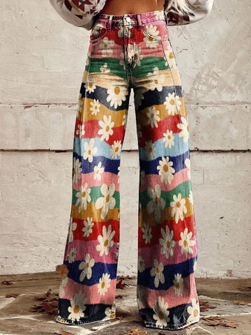 Damskie luźne spodnie vintage, szeroki krój z denimu z eleganckimi wzorami, komfort i elegancja dla unikalnego i oryginalnego stylu.