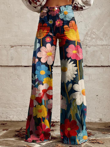 Damskie luźne spodnie vintage, szeroki krój z denimu z eleganckimi wzorami, komfort i elegancja dla unikalnego i oryginalnego stylu.