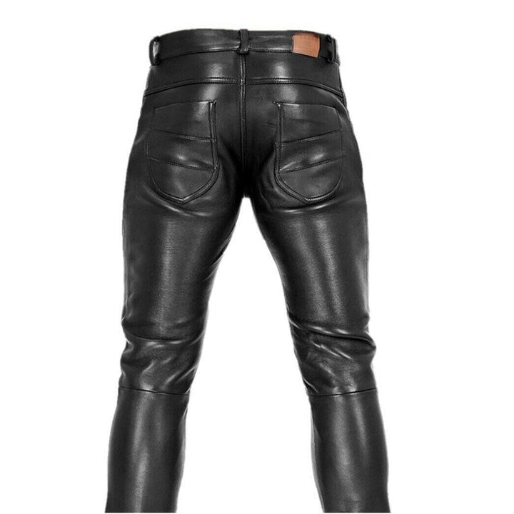Męskie czarne spodnie slim fit ze sztucznej skóry, nowoczesny i elegancki styl, dopasowany krój dla zoptymalizowanej sylwetki