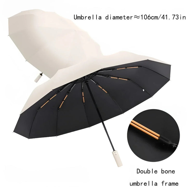 Ekologiczny, trwały parasol w kolorze beżowym, z ochroną UV, wykonany z materiałów pochodzących z recyklingu, o nowoczesnym designie, idealny na różne warunki pogodowe