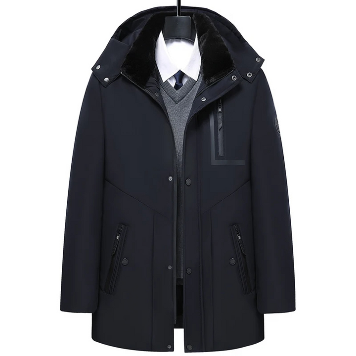 Męska parka zimowa, widok z przodu, odpinany kaptur, elegancki design, czarna, odporna na zimno i niepogodę.