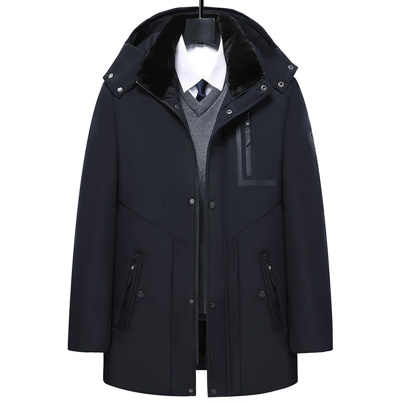 Męska parka zimowa, widok z przodu, odpinany kaptur, elegancki design, czarna, odporna na zimno i niepogodę.
