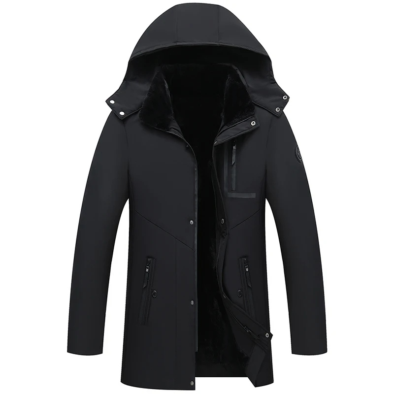 Męska parka zimowa, widok z przodu, odpinany kaptur, elegancki design, czarna, odporna na zimno i niepogodę.