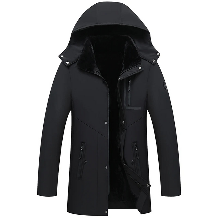 Męska parka zimowa, widok z przodu, odpinany kaptur, elegancki design, czarna, odporna na zimno i niepogodę.