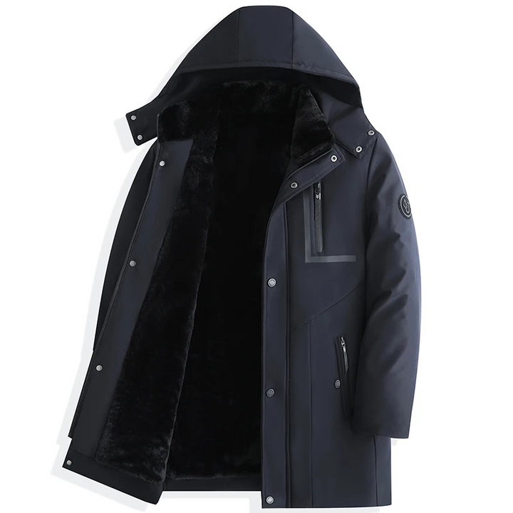 Męska parka zimowa, widok z przodu, odpinany kaptur, elegancki design, czarna, odporna na zimno i niepogodę.