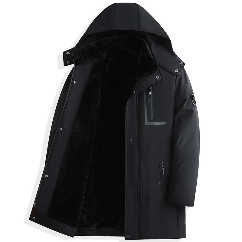 Męska parka zimowa, widok z przodu, odpinany kaptur, elegancki design, czarna, odporna na zimno i niepogodę.